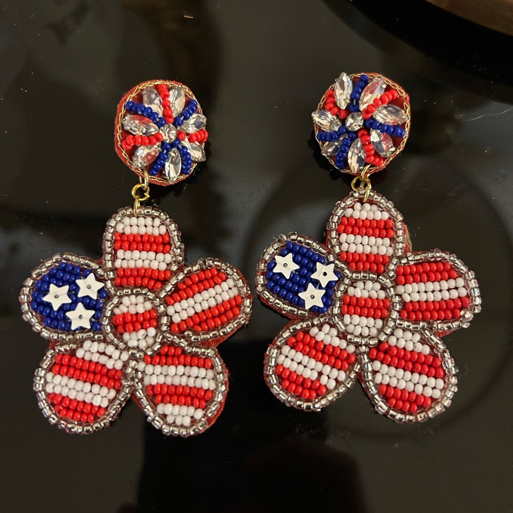 Patriotic Beaded Flower Earrings